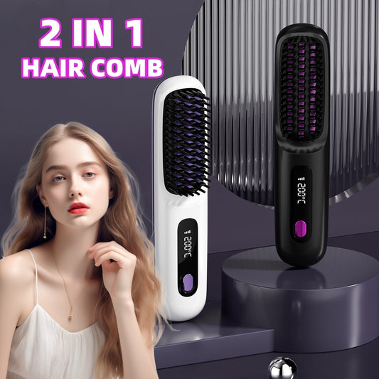 2-in-1 Wireless Hair Straightener Comb | USB Charging & Fast Heating